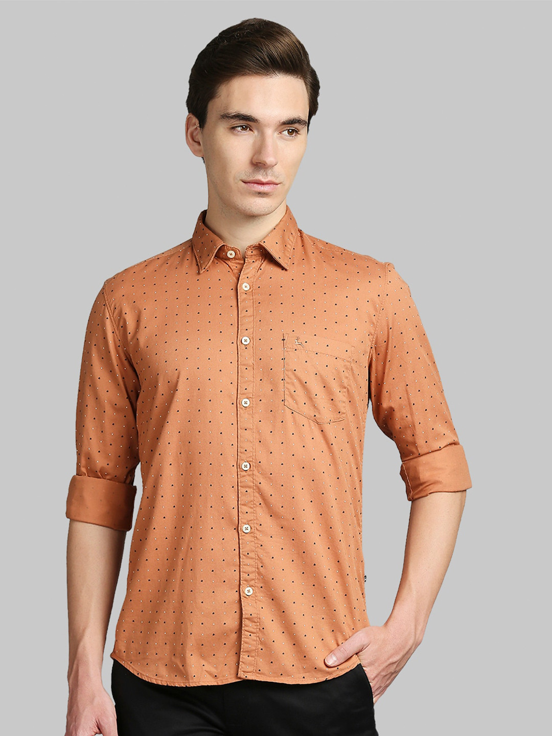 Buy Parx Men Peach Coloured Cotton Printed Slim Fit Casual Shirt