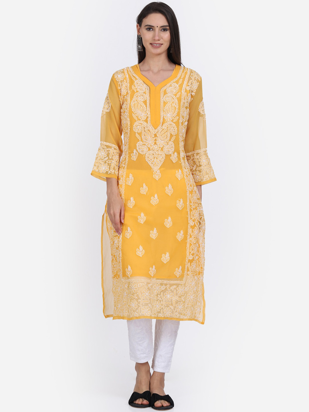 Buy PARAMOUNT CHIKAN Women Mustard Yellow Ethnic Motifs Embroidered