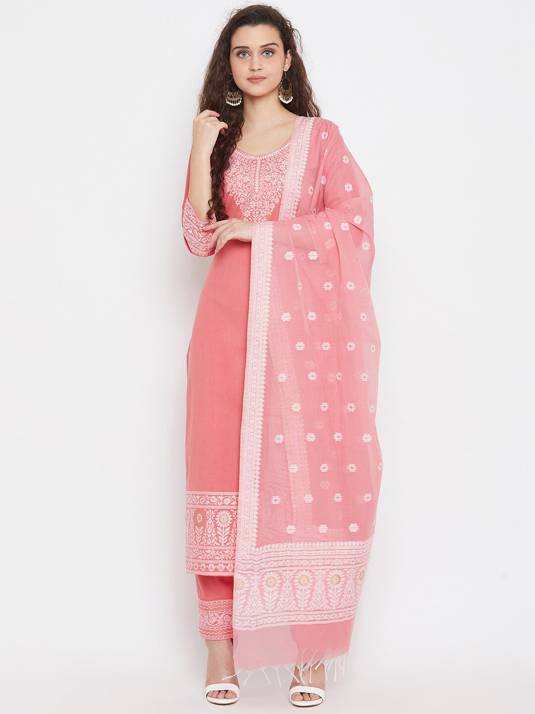 Buy Safaa Peach Coloured & White Embroidered Unstitched Dress Material