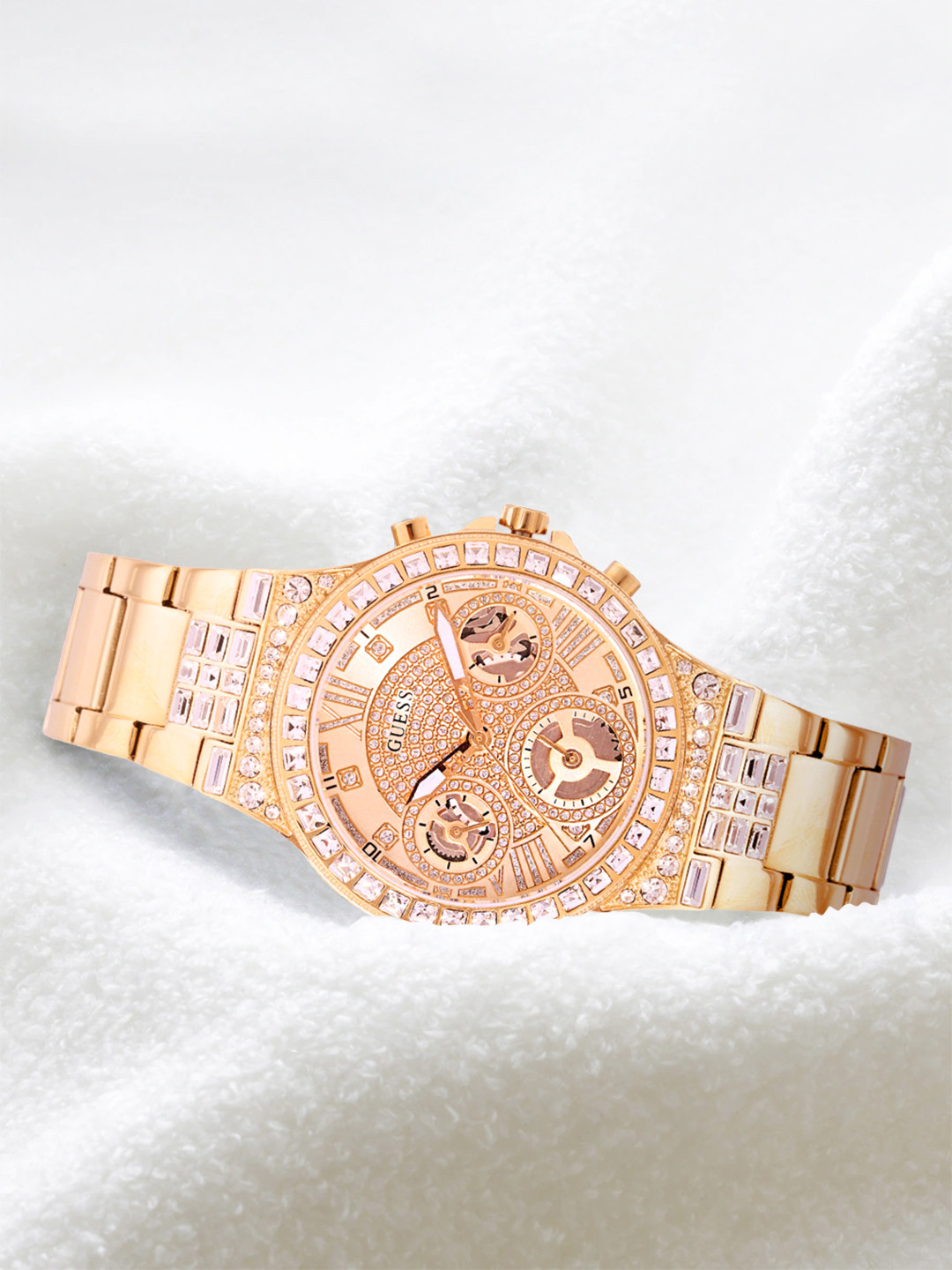 Guess Night Life Diamonds Black Dial Gold Steel Strap Watch for Women - GW0405L2