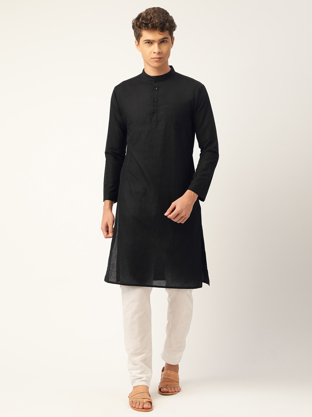Buy WHITE HEART Men Black Mandarin Collar Cotton Kurta Kurtas for Men