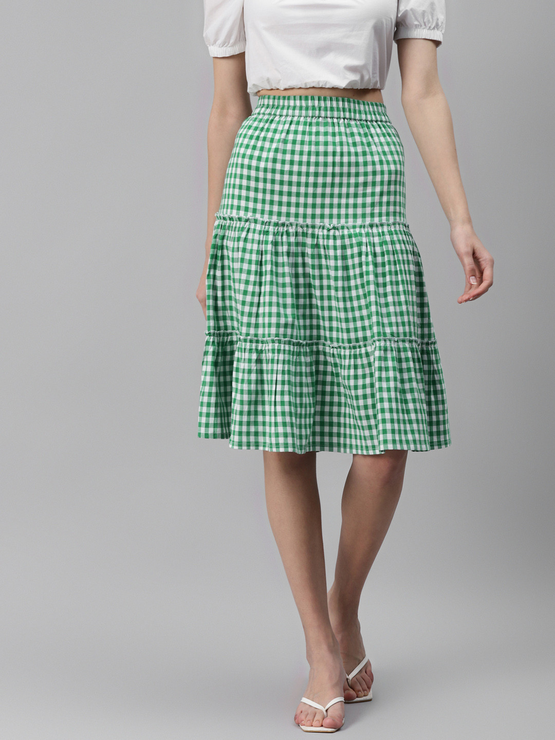 Buy FABNEST Green & White Gingham Checks Pleated Ruffles Casual Flared