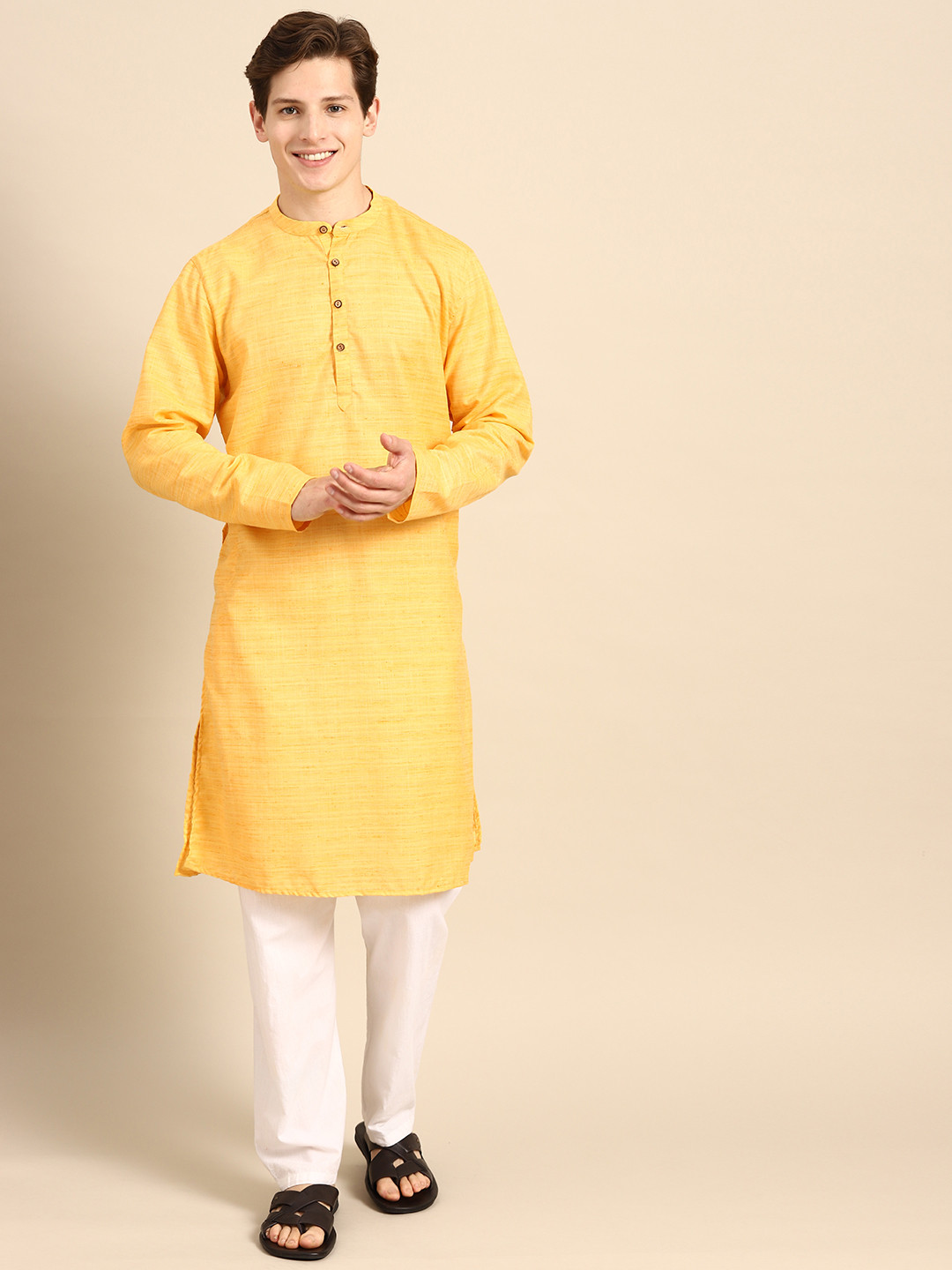 Yellow - Jacquard Cotton Long Straight Kurta