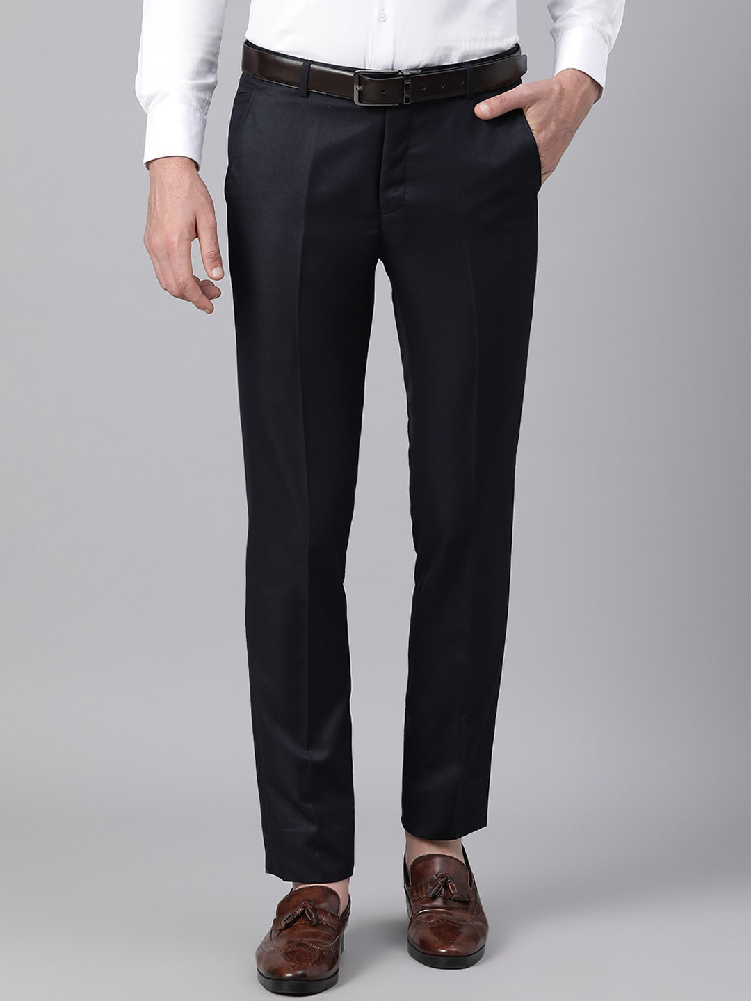 Men's Navy Blue Solid Formal Trousers