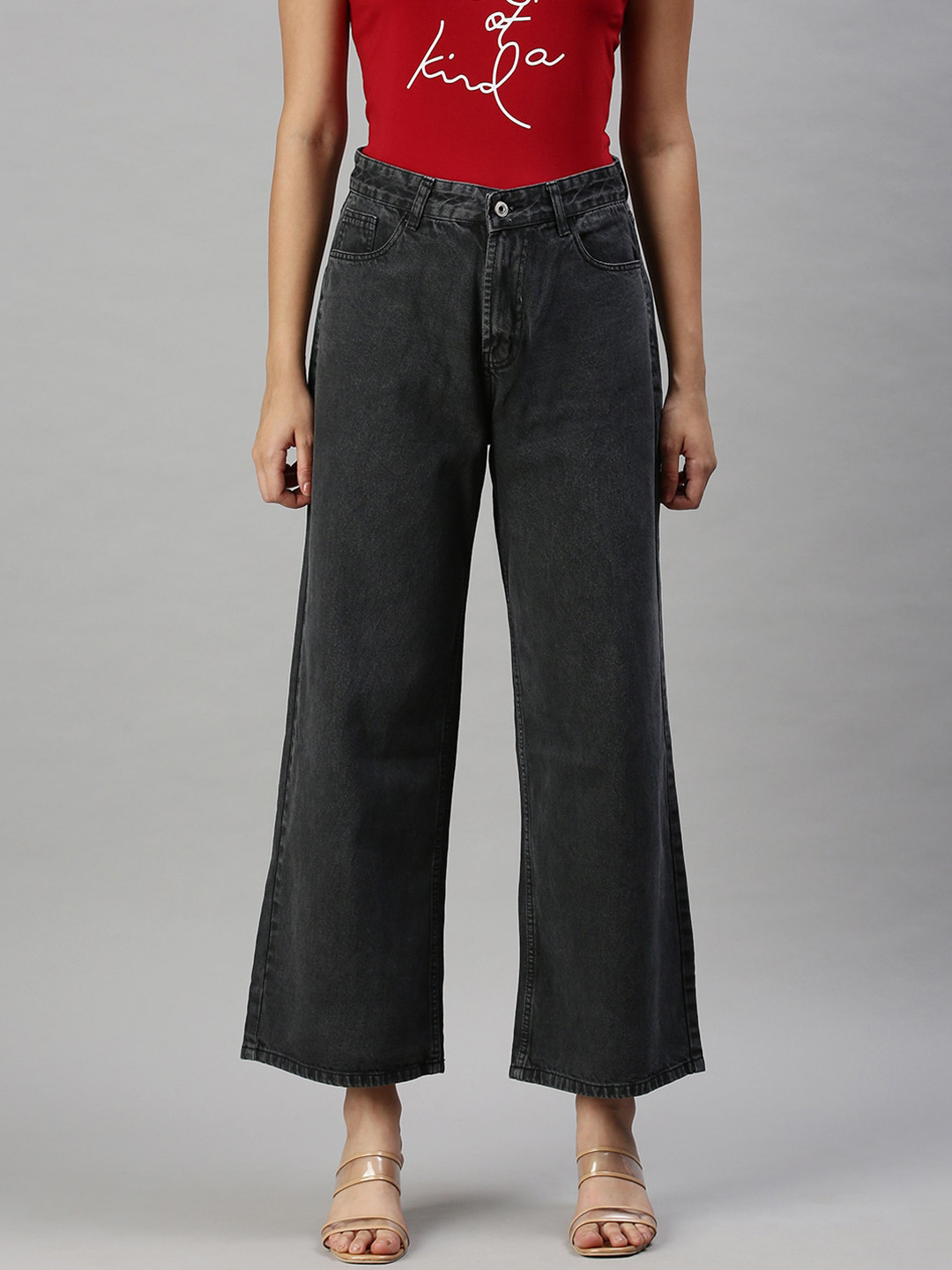 Buy SHOWOFF Women Charcoal Grey Wide Leg High Rise Clean Look Jeans