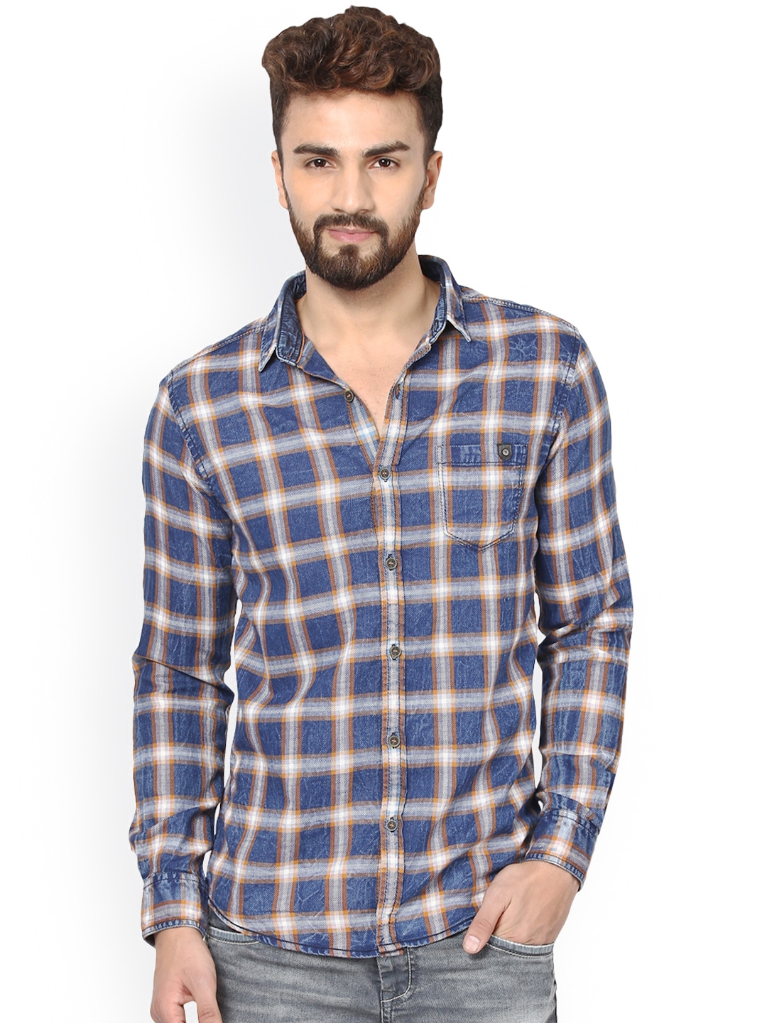 Buy Mufti Men Blue & White Slim Fit Checked Casual Shirt - Shirts for ...