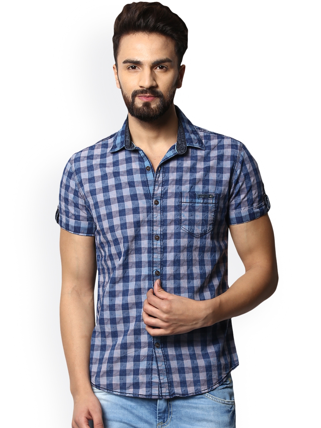 Buy Mufti Men Blue Slim Fit Checked Casual Shirt - Shirts for Men ...