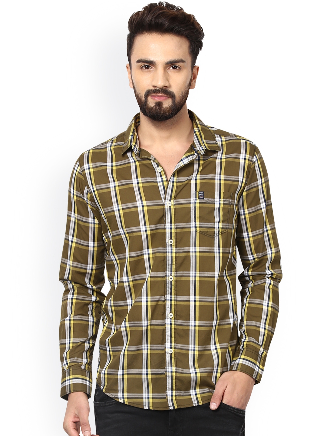 Buy Mufti Men Olive Green & White Slim Fit Checked Casual Shirt ...