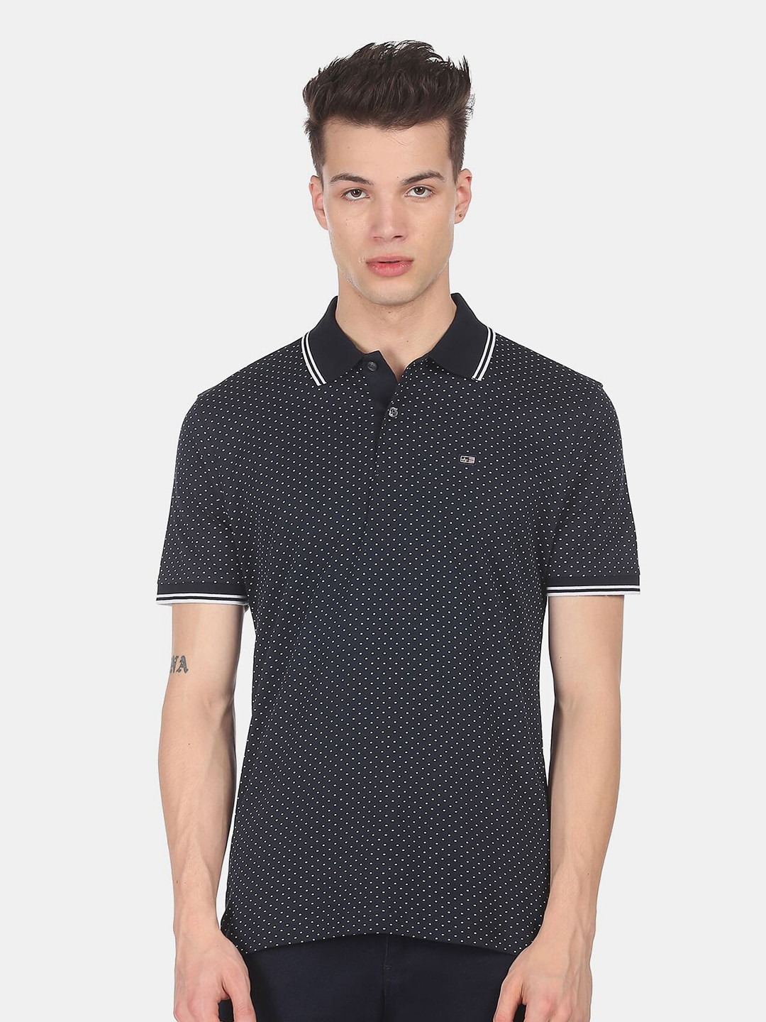 Buy Arrow Men Navy Blue & White Printed Polo Collar T Shirt - Tshirts ...