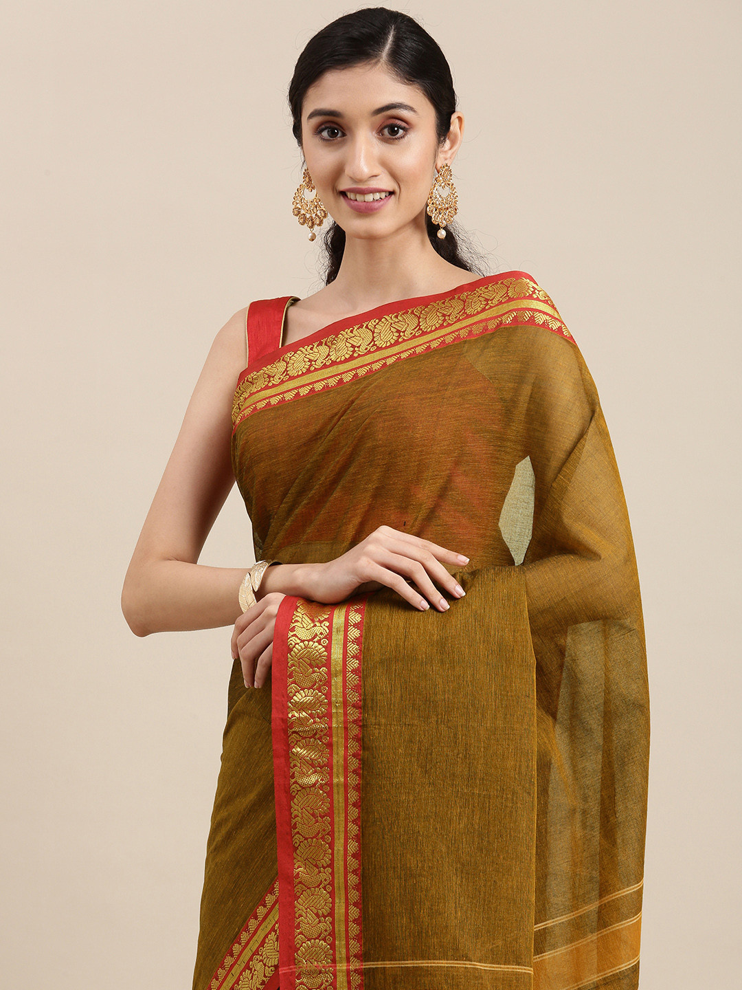 Buy KALINI Mustard Brown & Red Pure Cotton Saree Sarees for Women