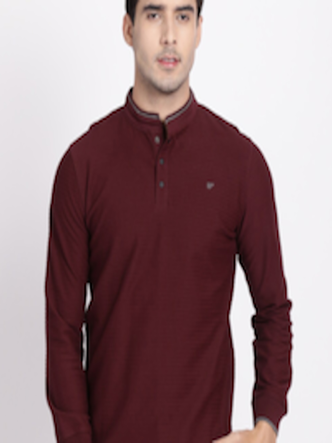 Buy T Base Men Maroon Self Design Mandarin Collar Cotton T Shirt ...