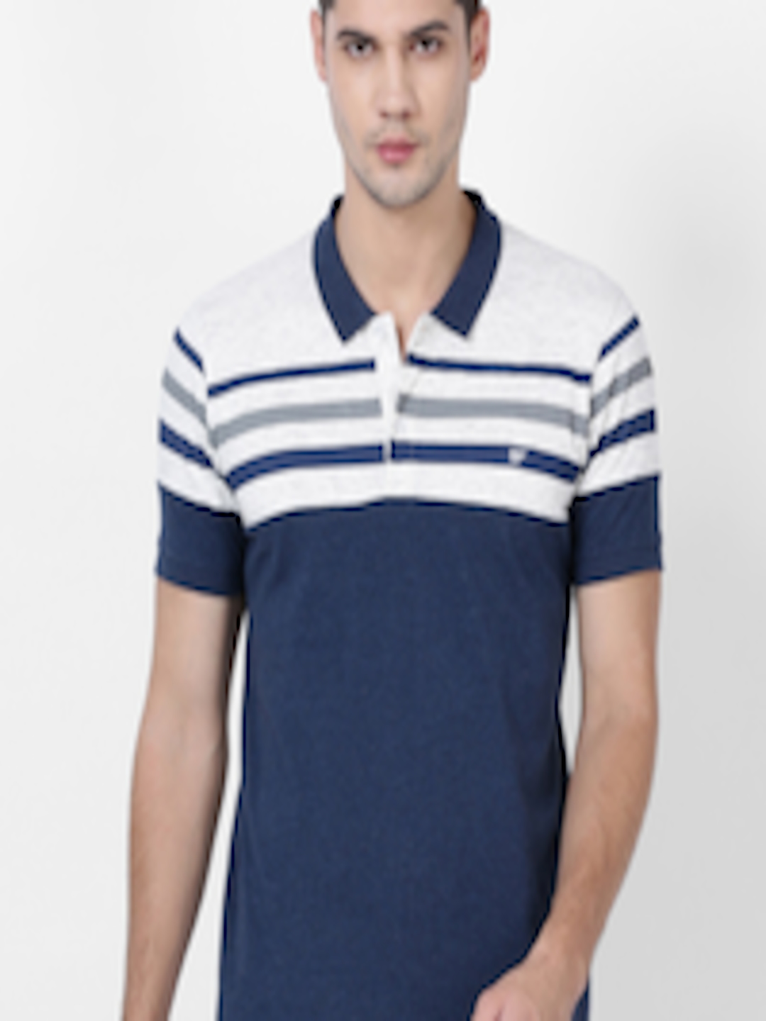 Buy T Base Men Blue & White Striped Polo Collar Pure Cotton T Shirt ...