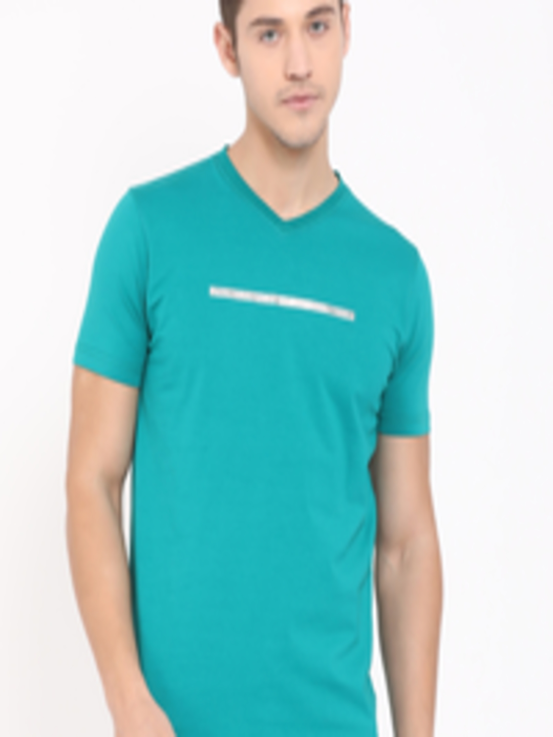 Buy T Base Men Turquoise Blue Printed V Neck Pure Cotton T Shirt ...