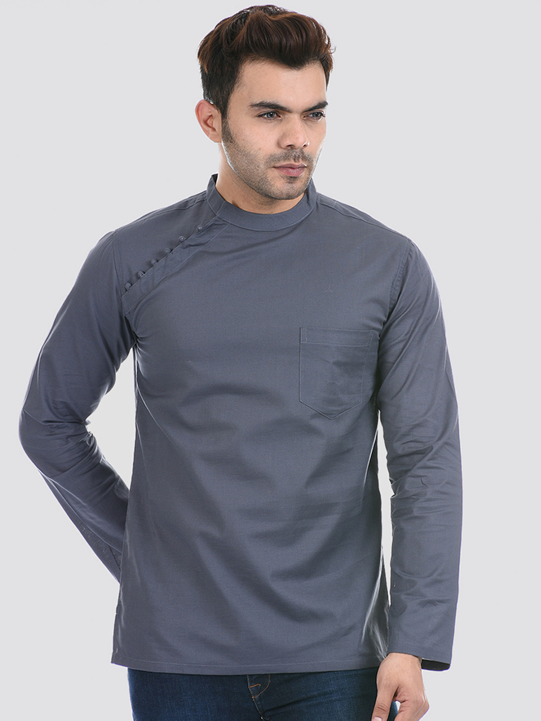 Buy Ethnicity Men Grey Solid Band Collar Cotton Short Straight Kurta
