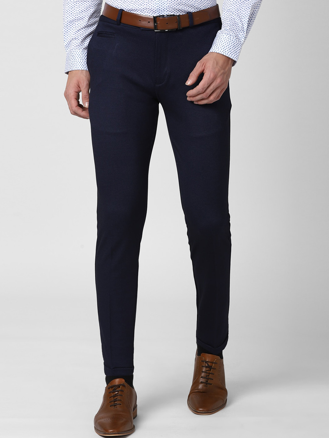 Buy Peter England Elite Men Navy Blue Slim Fit Trousers - Trousers for ...