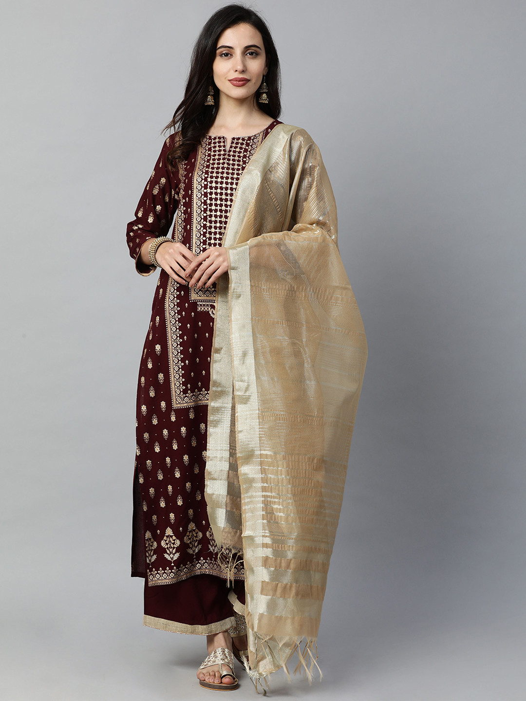 Indo Era Maroon Ethnic Motifs Foil Printed Straight Kurta