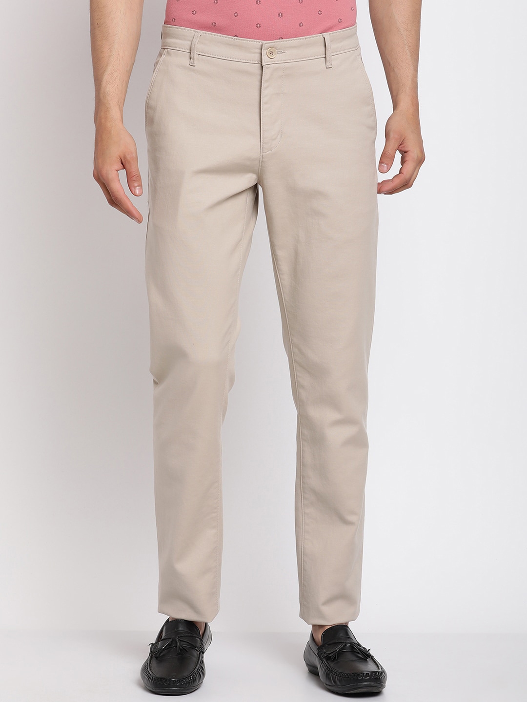 Buy Cantabil Men Beige Original Regular Fit Pure Cotton Trousers ...