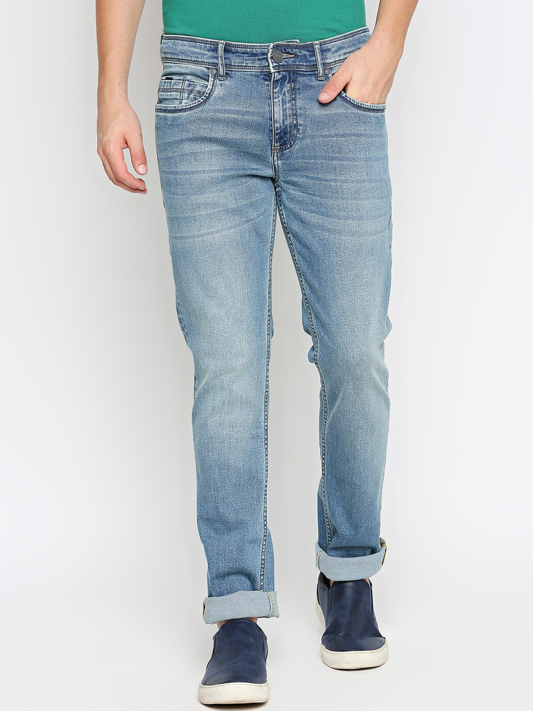 Men's Blue Solid Straight Fit Low Distress Heavy Fade Acid Wash Jeans