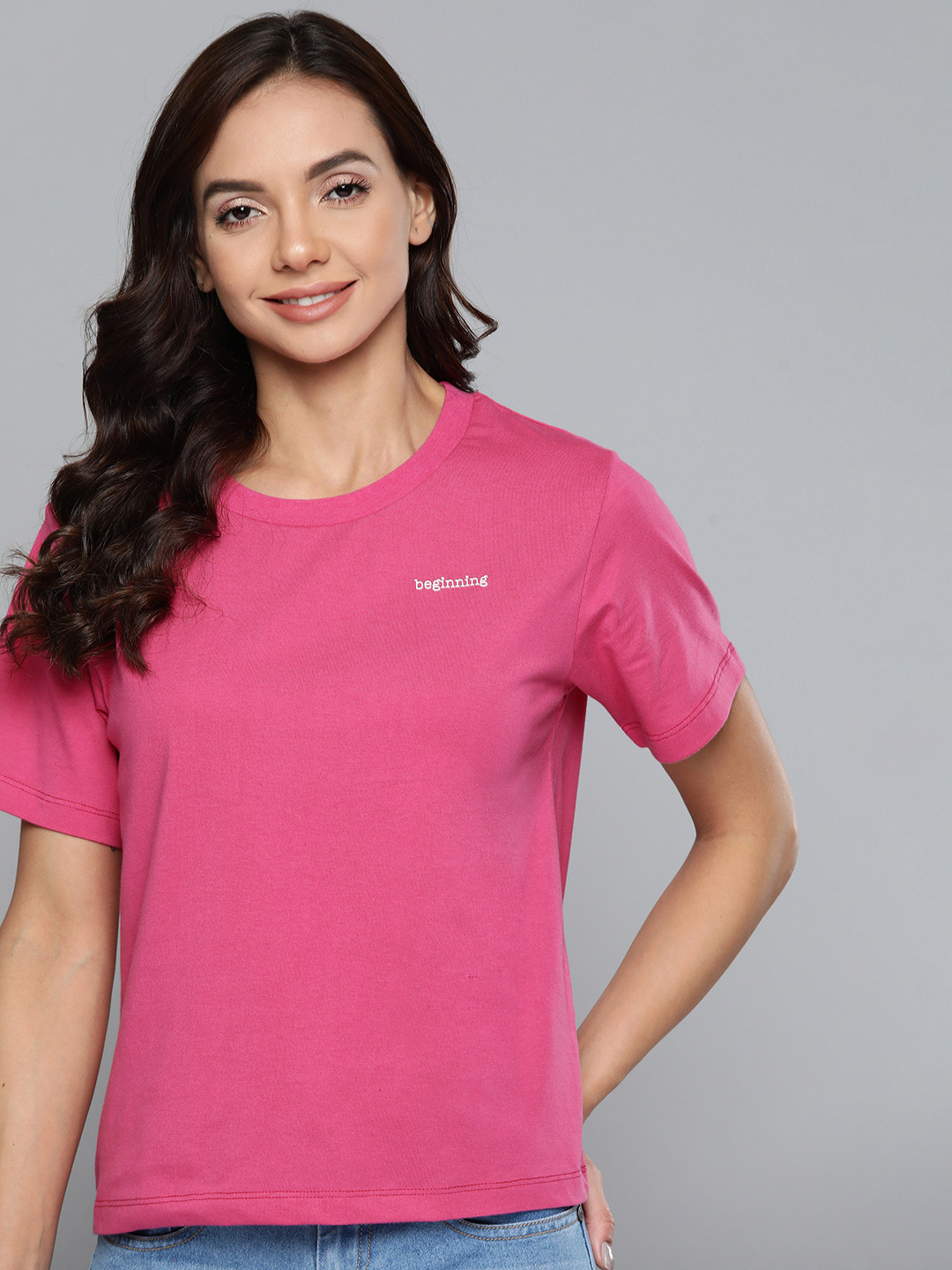 Buy HERE&NOW Women Fuchsia Solid Regular T Shirt Tshirts for Women