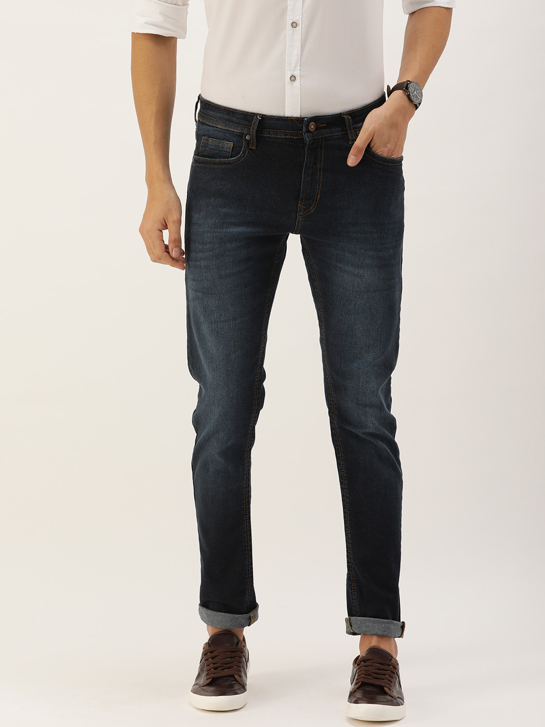 Buy PETER ENGLAND UNIVERSITY Men Navy Blue Tapered Fit Heavy Fade