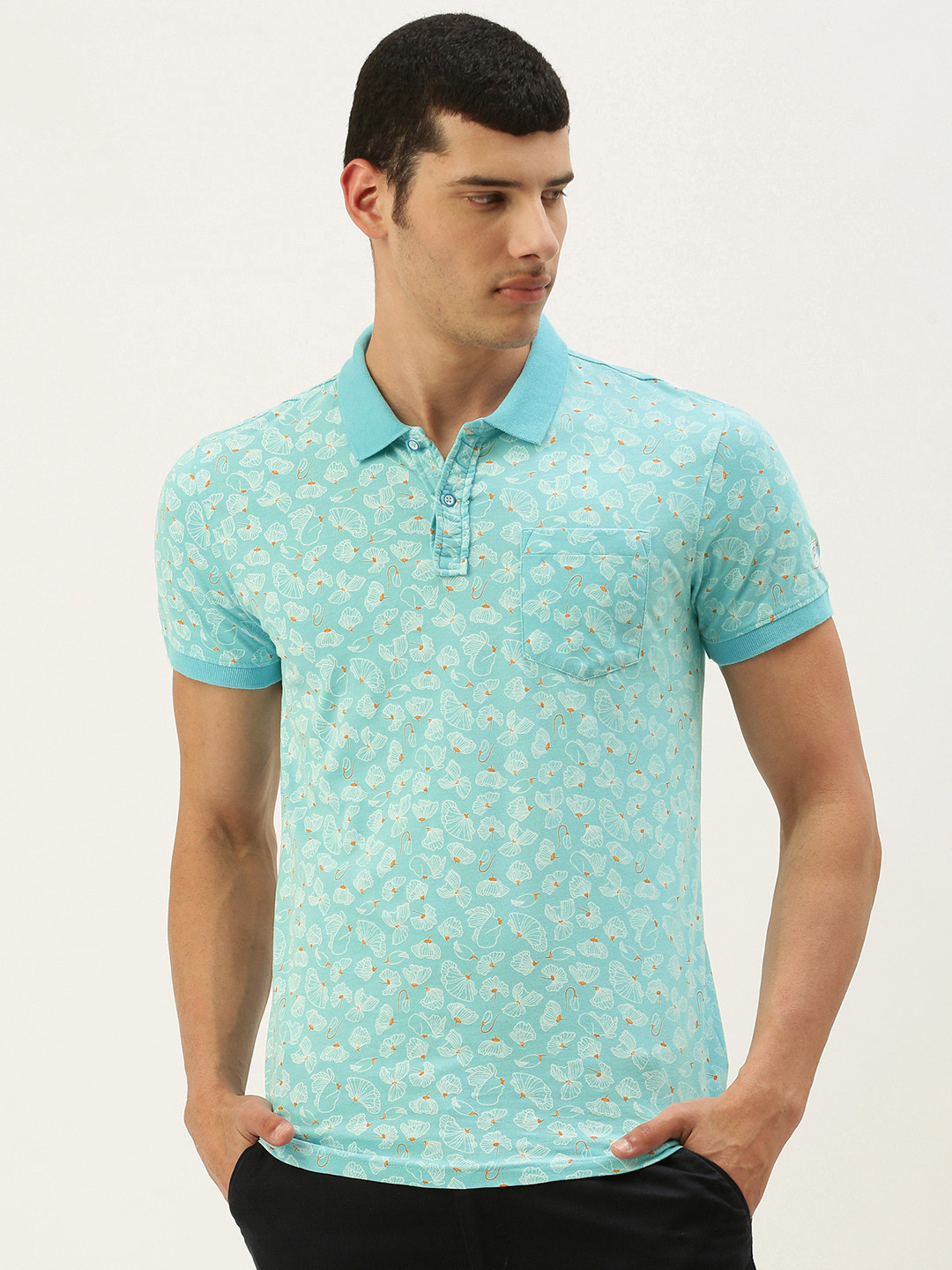 Buy Peter England Men Blue & White Floral Printed Pure Cotton Polo