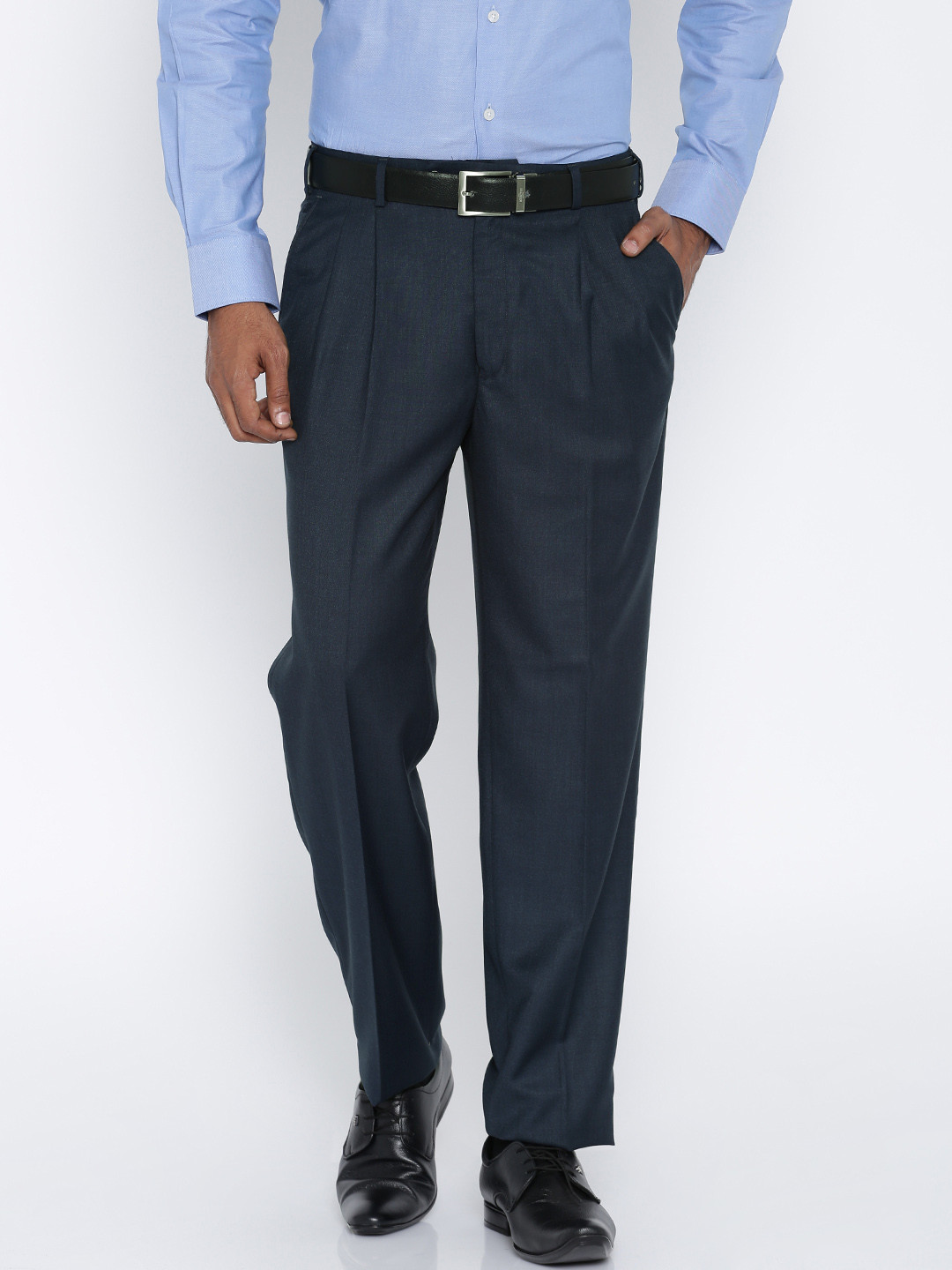 Buy Raymond Men Navy Solid Classic Regular Fit Formal Trousers ...