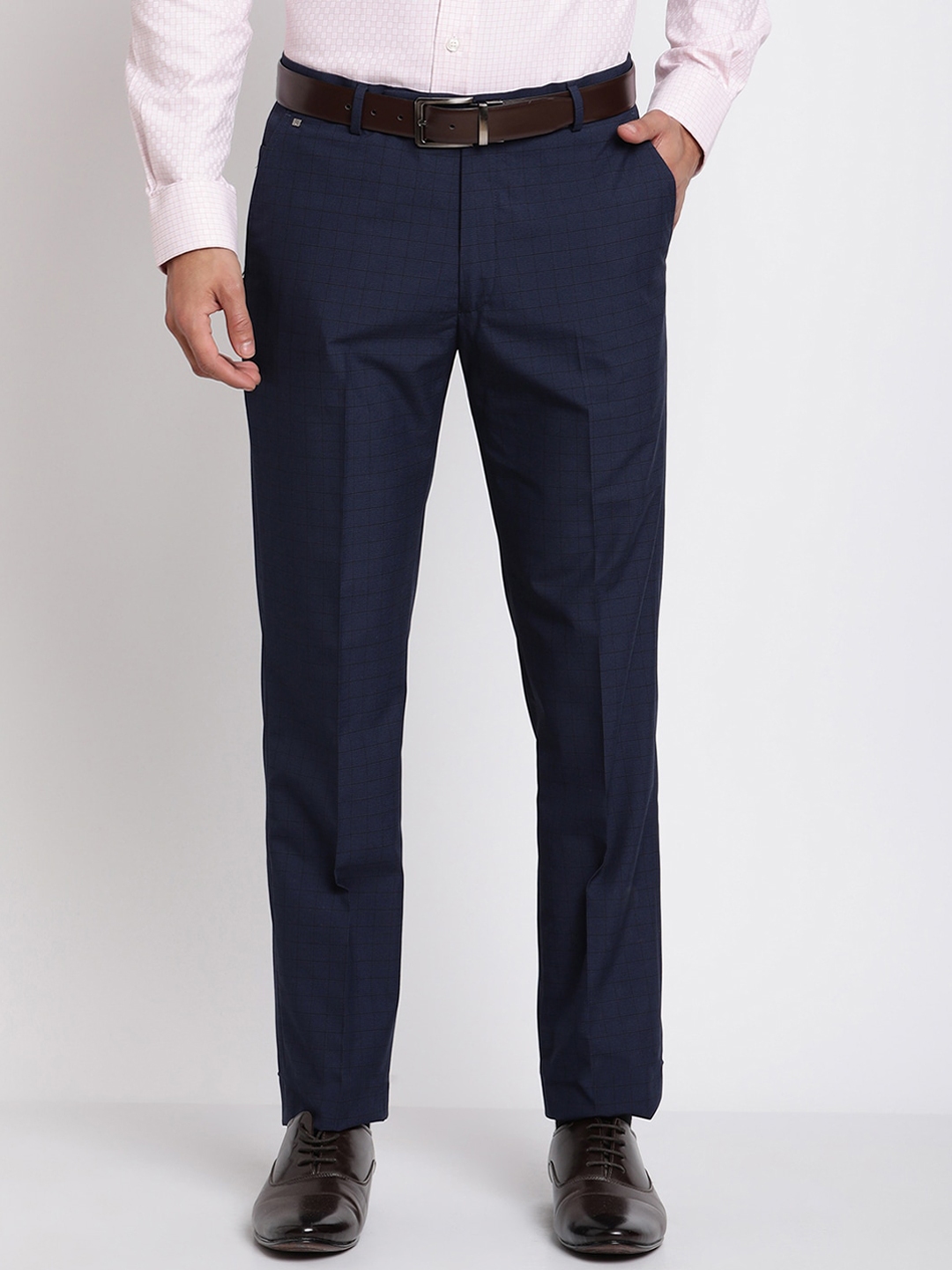 Buy Cantabil Men Navy Blue Checked Original Cotton Formal Trousers ...