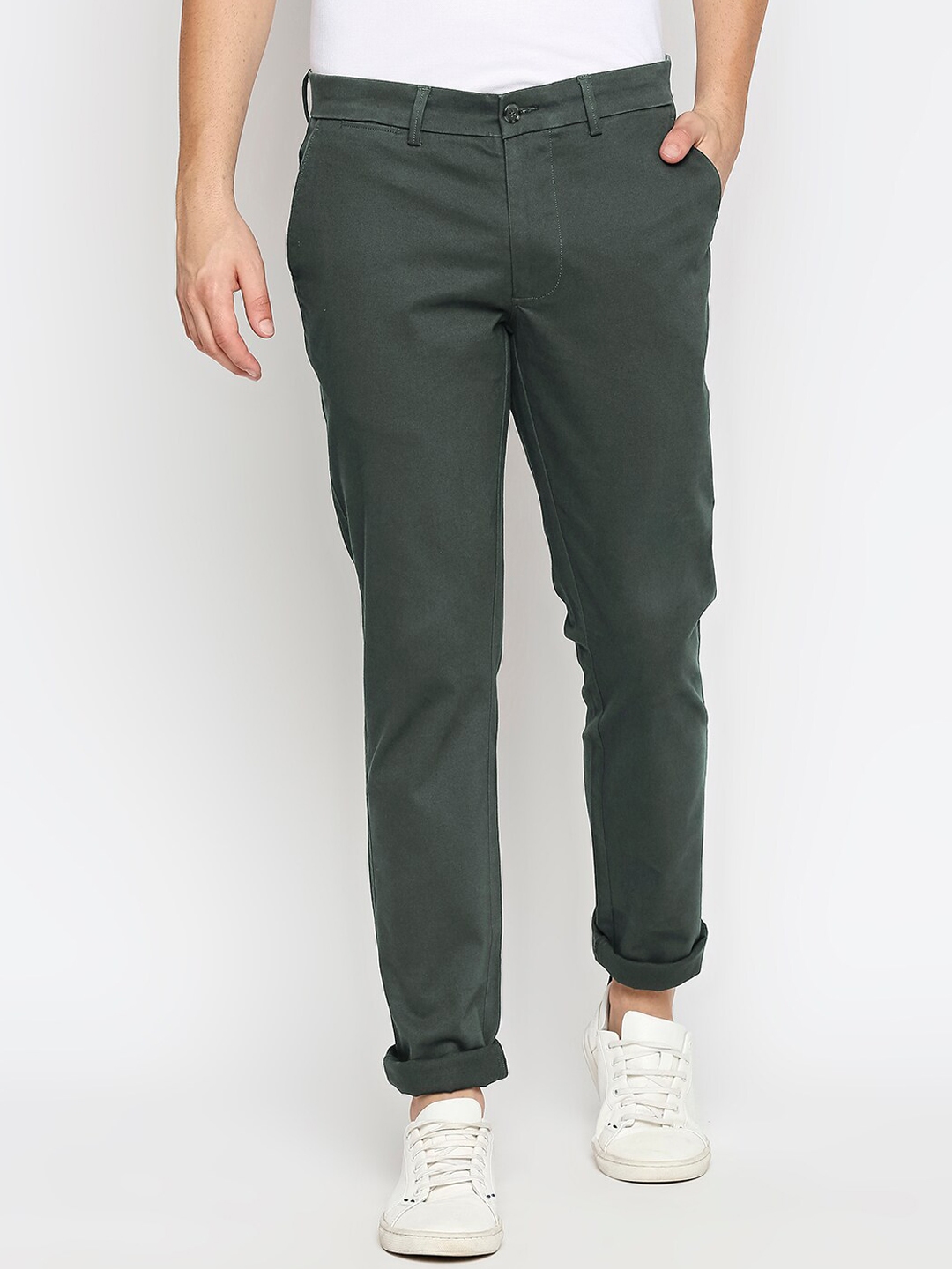 Buy Basics Men Olive Green Tapered Fit Trousers - Trousers for Men ...