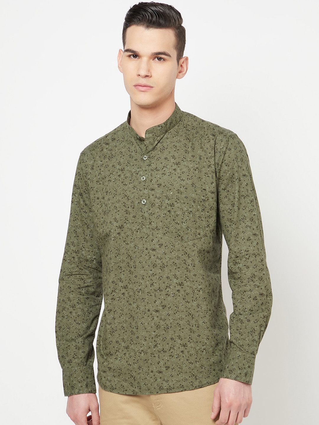 Buy Crimsoune Club Men Olive Green Floral Printed Pure Cotton Kurta