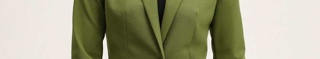 Buy MANGO Women Green Solid Single Breasted Blazer - Blazers for Women ...