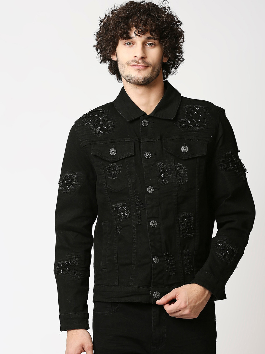 Buy WAIMEA Men Black Washed Star Studded Ripped Denim Jacket Jackets