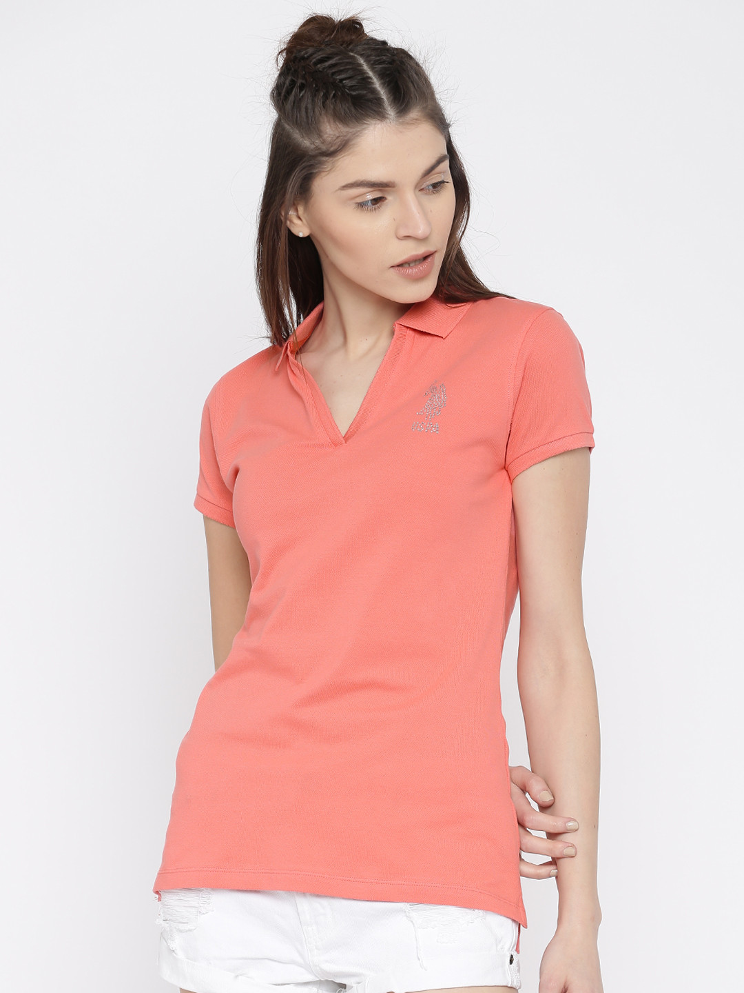 Buy U.S. Polo Assn. Women Peach Coloured Solid Polo Collar T Shirt