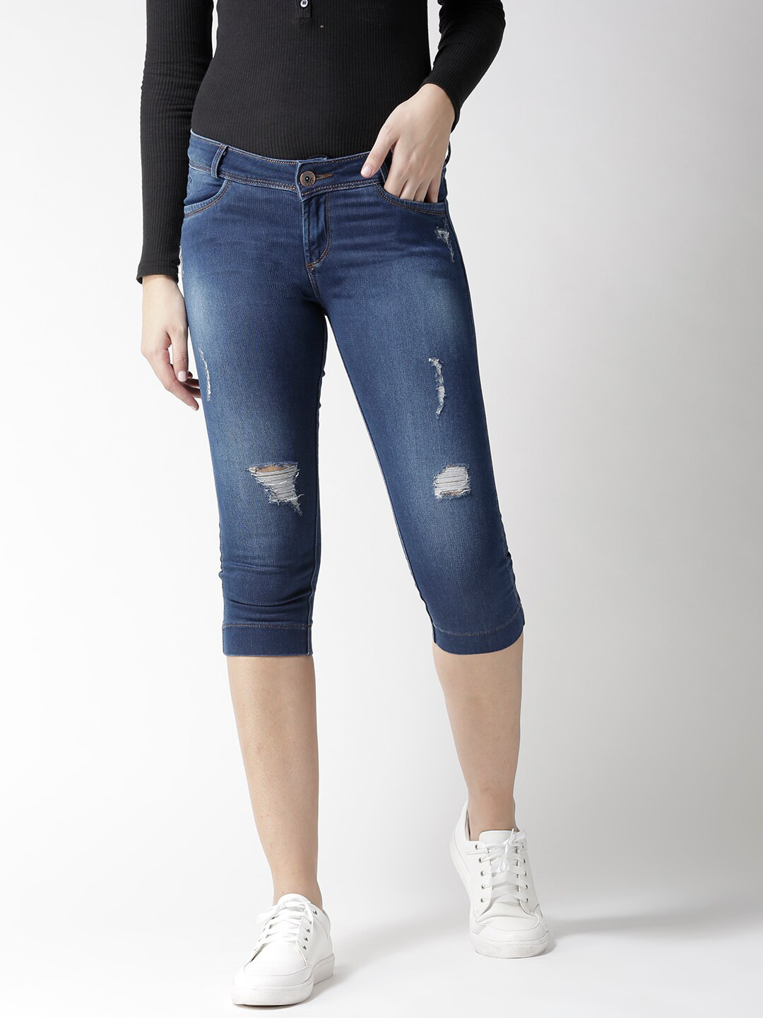 Buy Xpose Women Navy Blue Skinny Fit Distressed Denim Capris Capris