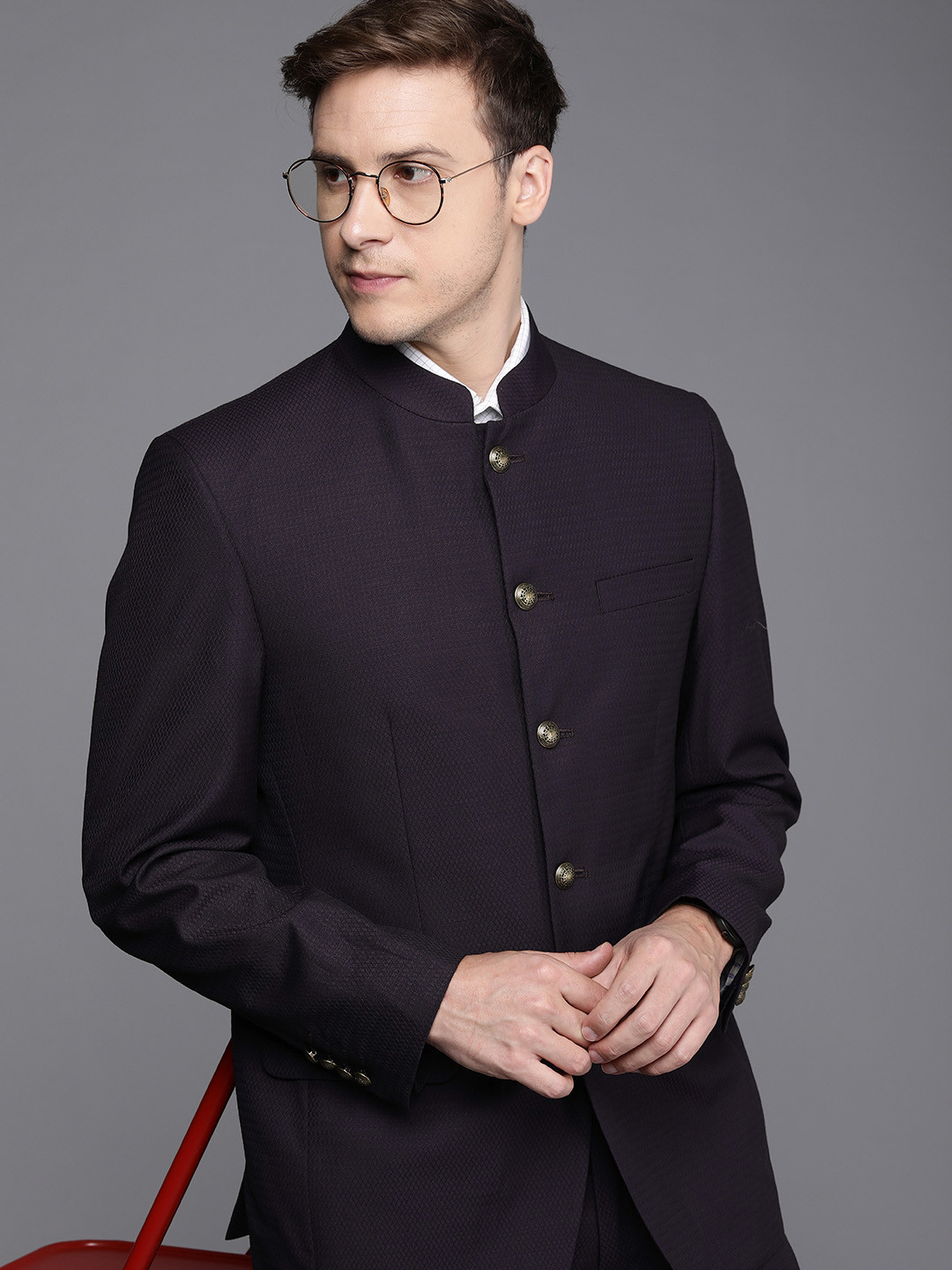 Buy Louis Philippe Men Navy Blue Textured Bandhgala Formal Suit Suits