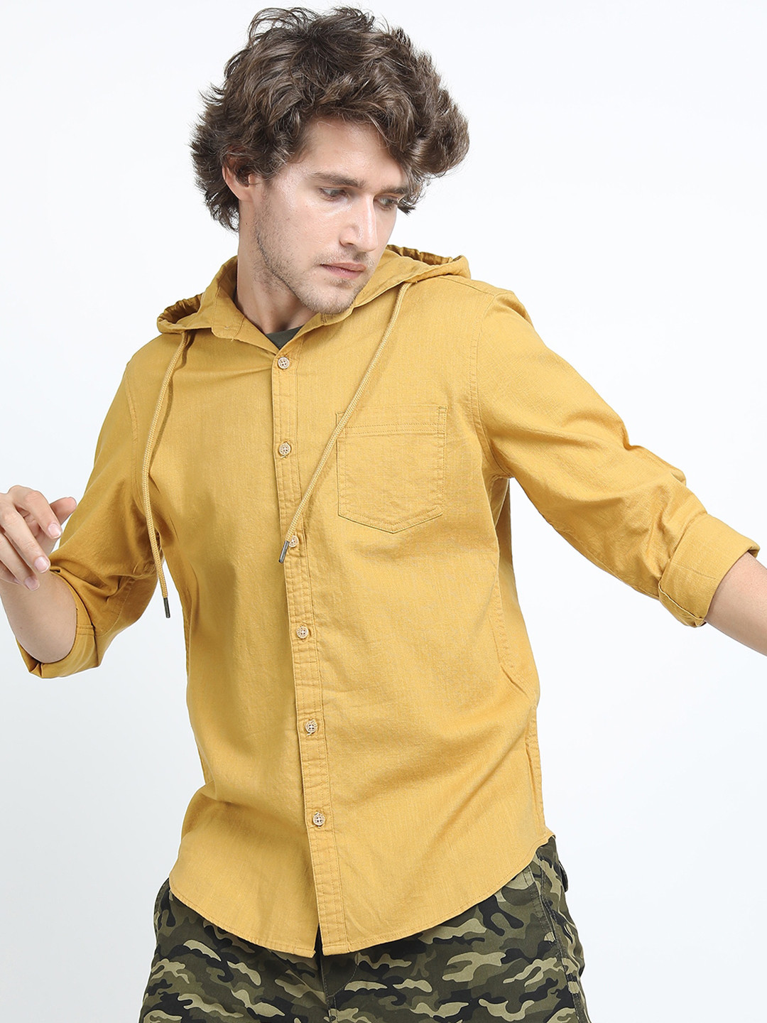 Buy KETCH Men Mustard Yellow Slim Fit Hooded Casual Shirt Shirts for