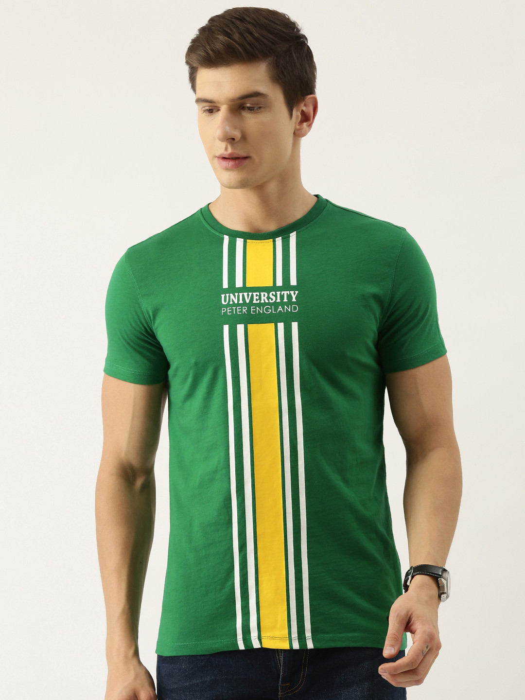Buy PETER ENGLAND UNIVERSITY Men Green Brand Logo Printed T Shirt