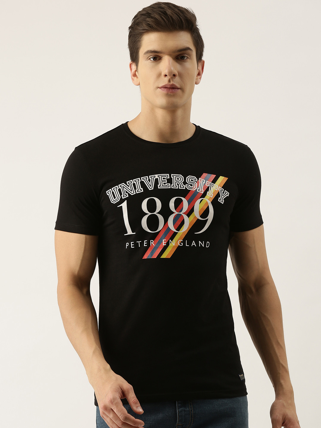 Buy PETER ENGLAND UNIVERSITY Men Black Brand Logo Printed T Shirt