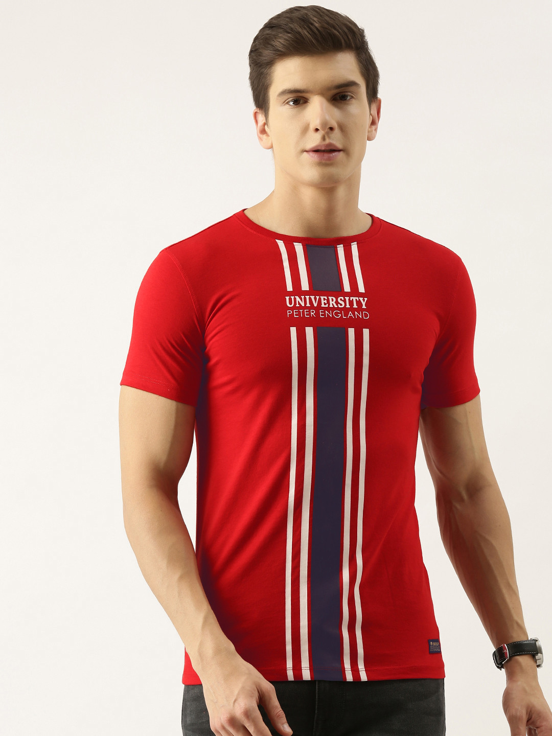 Buy PETER ENGLAND UNIVERSITY Men Red Brand Logo Printed T Shirt