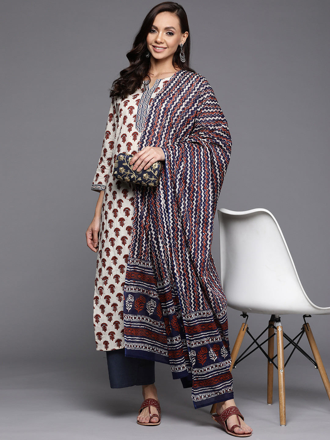 Indo Era Off White Embroidered Straight Kurta Palazzos With Dupatta Set main image 0