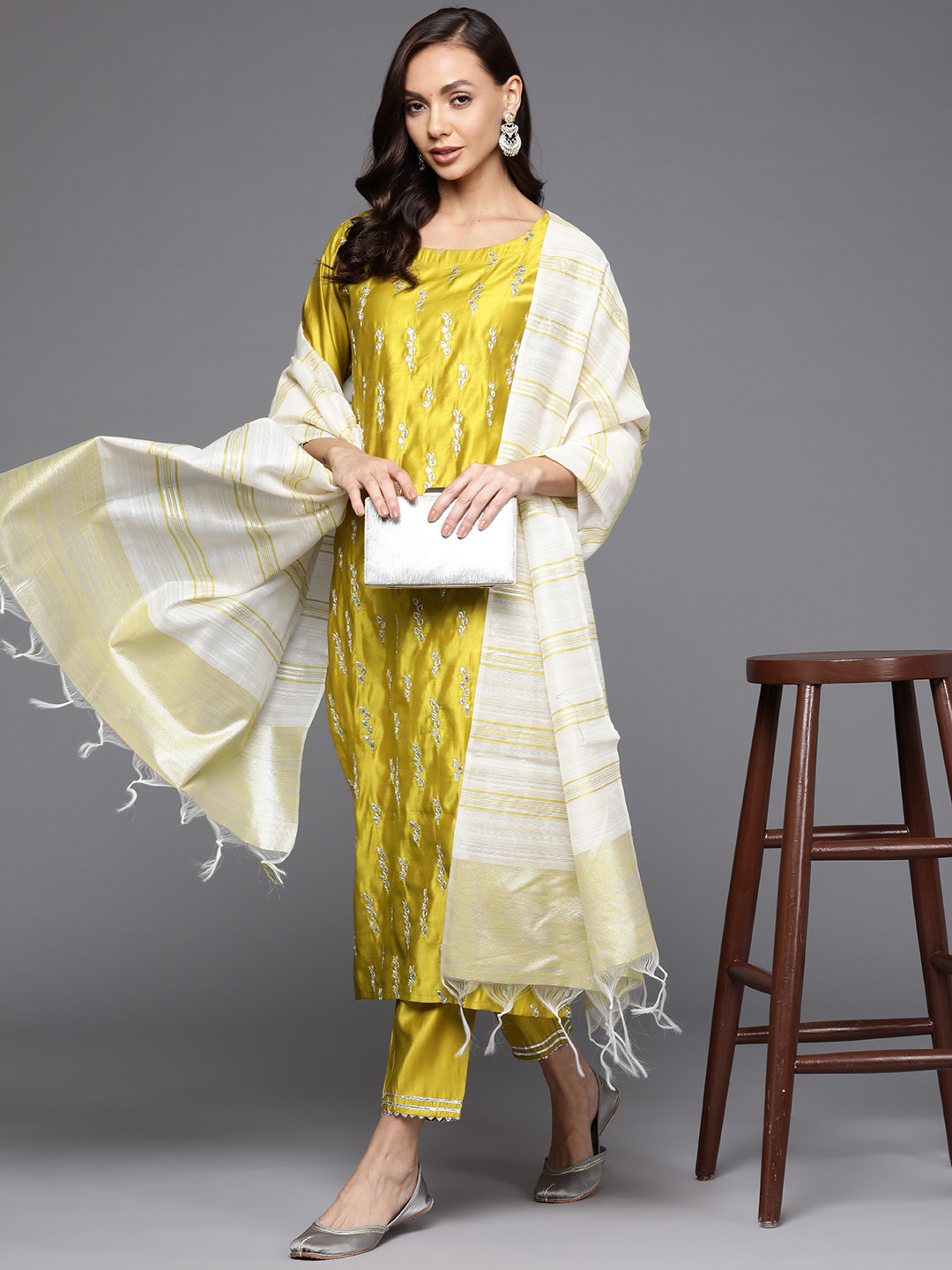 Women Yellow Embroidered A-Line Kurta Trousers With Dupatta Set main image 1