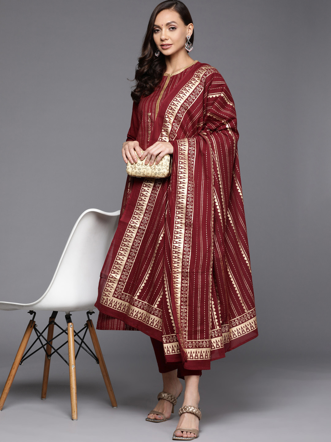 Indo Era Plus Size Maroon Keyhole Neck Zari Kurta with Palazzos & Dupatta