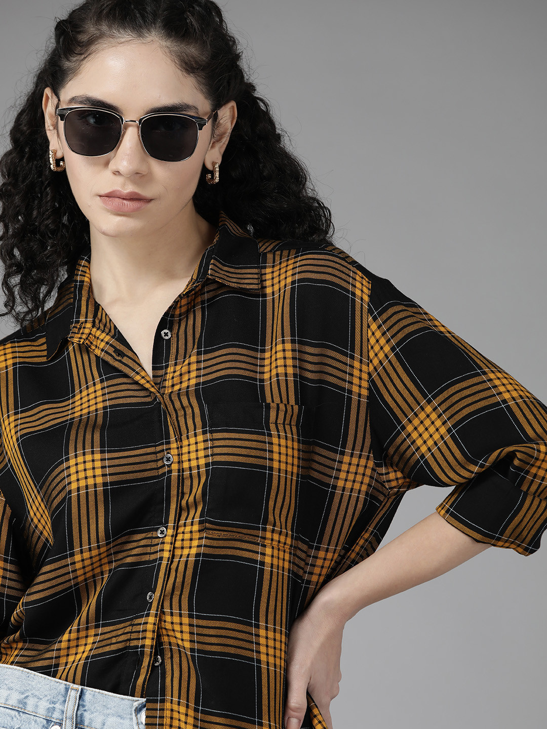 Buy Roadster Women Black & Yellow Tartan Checked Casual Shirt Shirts