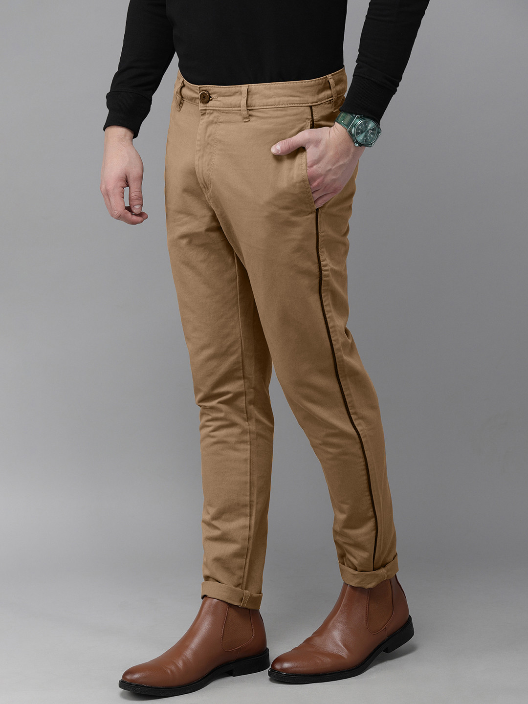 Buy Roadster Men Khaki Slim Fit Low Rise Pure Cotton Chinos Trousers