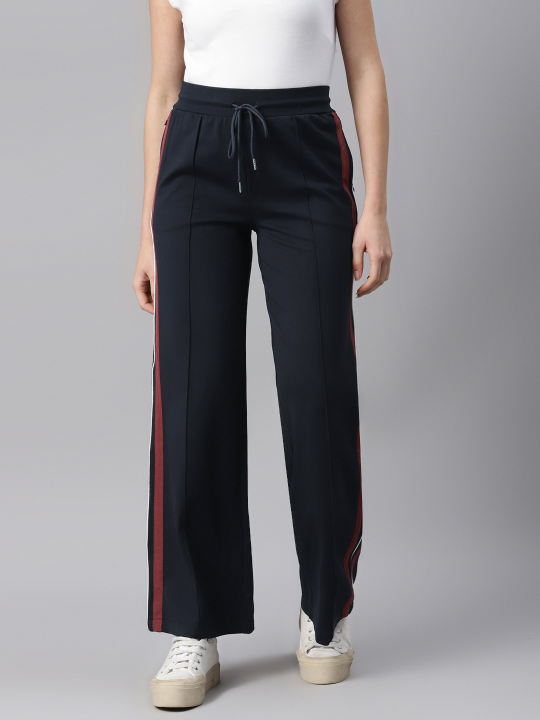 Buy Marks & Spencer Women Navy Blue & Red Side Striped Pleated Wide Leg ...