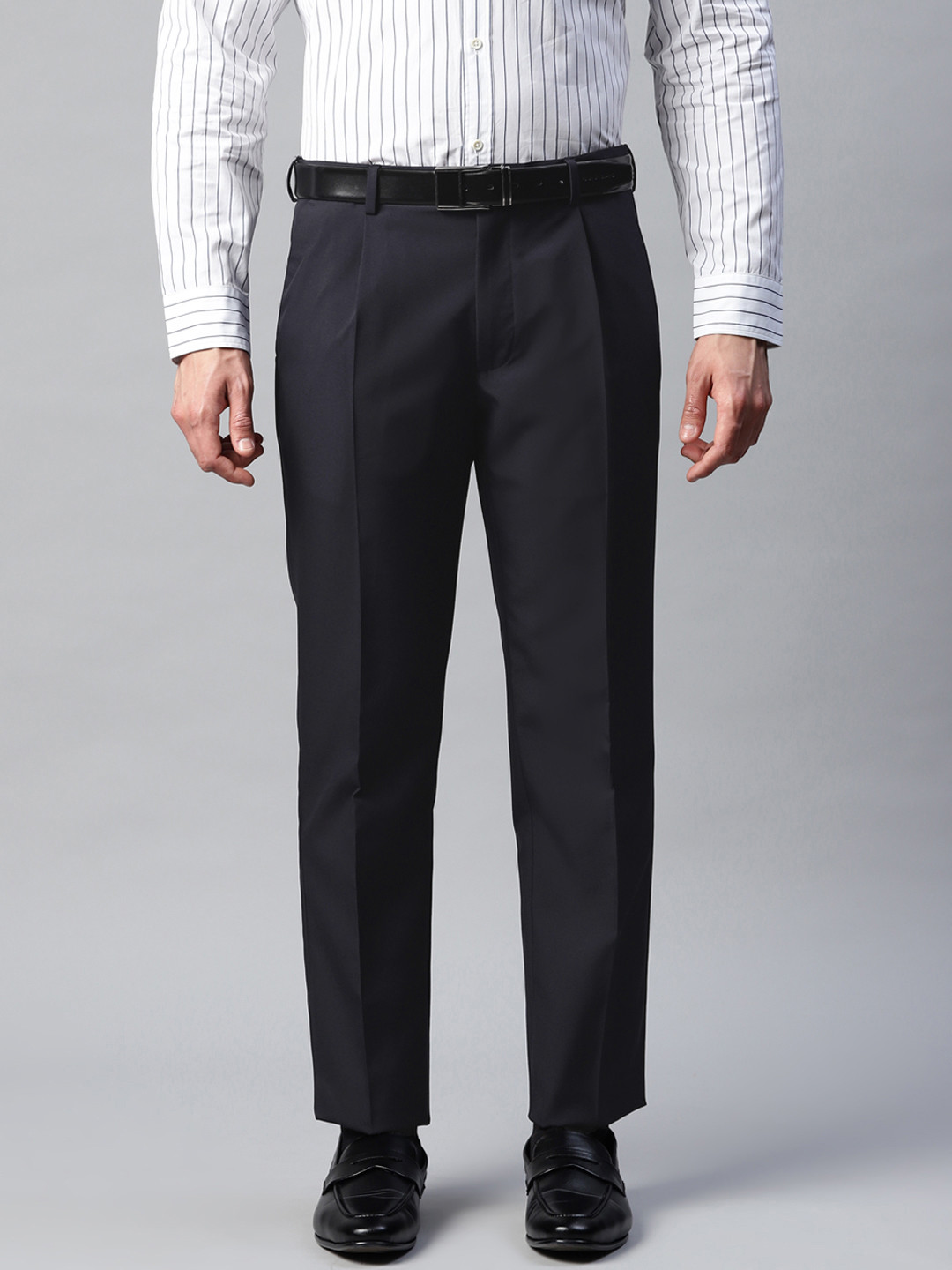 Buy Marks & Spencer Men Navy Blue Solid Formal Pleated Trousers ...