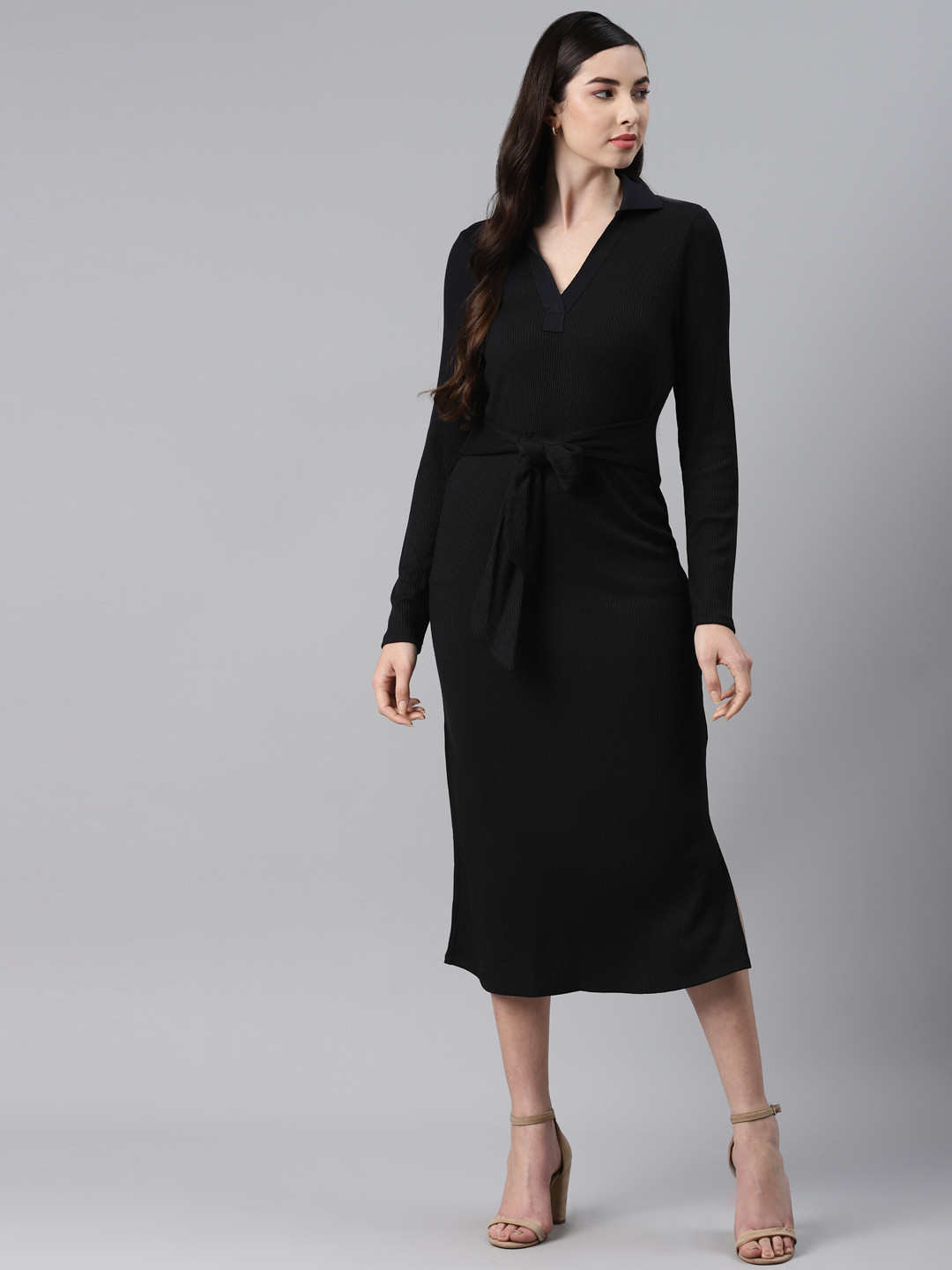 Buy Marks & Spencer Women Black Self Striped Bodycon Midi Dress