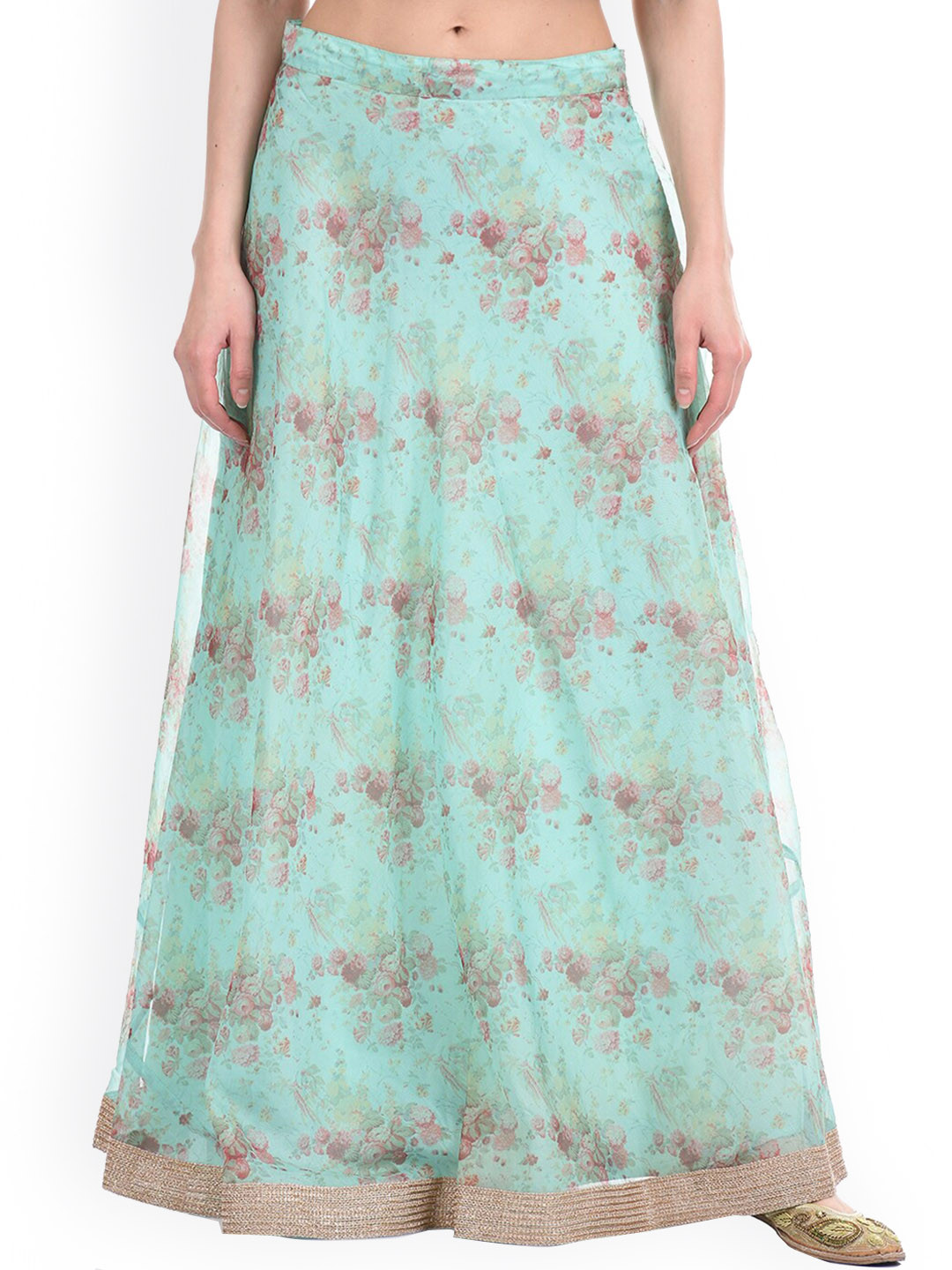 Buy Ethnicity Women Green & Gold Coloured Printed Flared Maxi Skirt