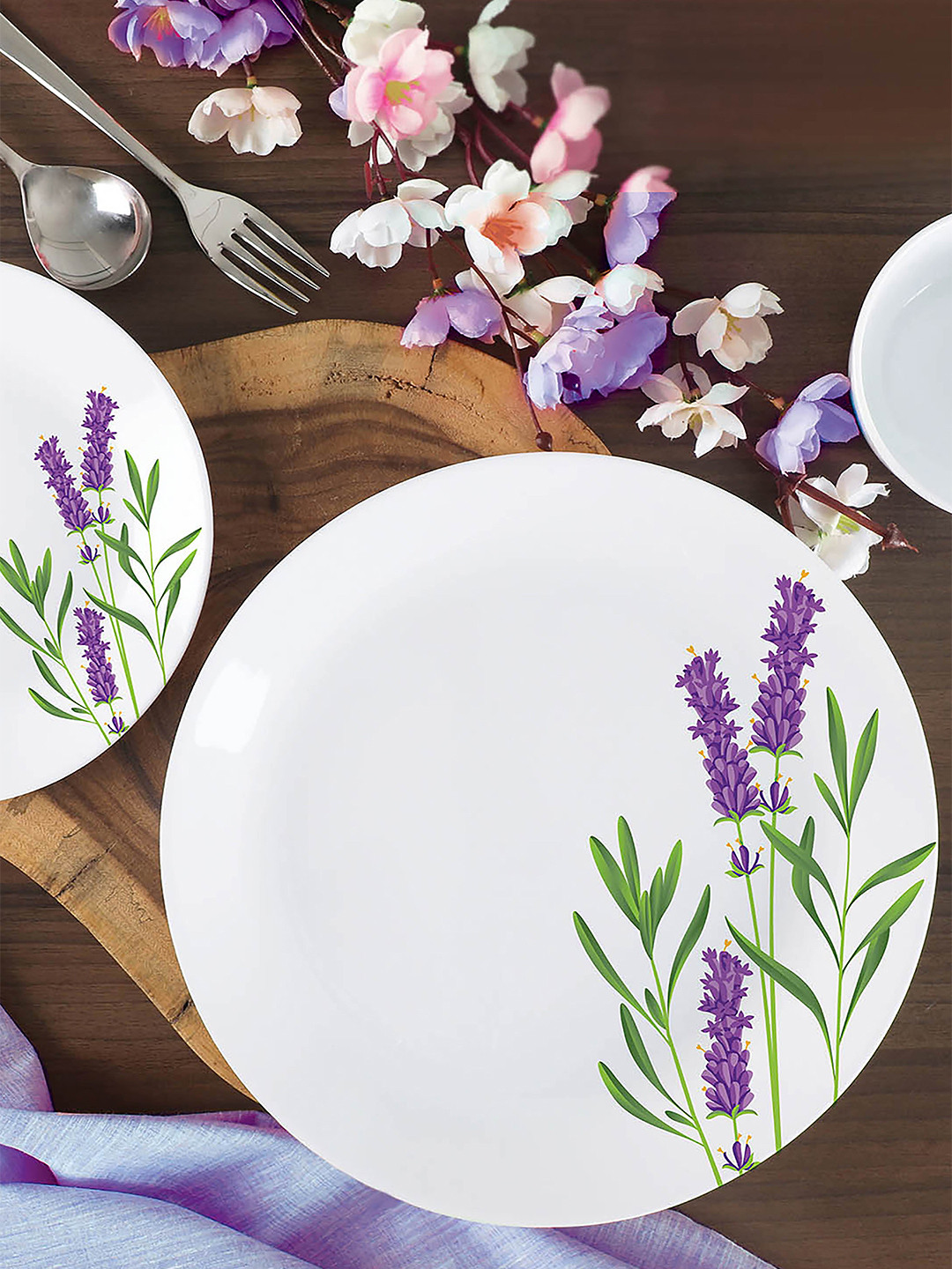 Buy Cello White & Lavender 18 Pieces Zarah Meadow Printed Opalware