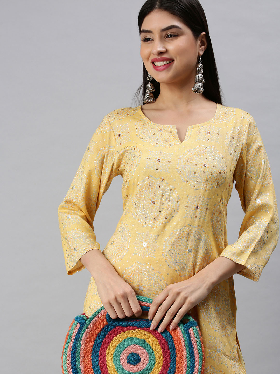 Women'S Yellow & Red Bandhani Screen Printed Anarkali Kurta With Palazzos