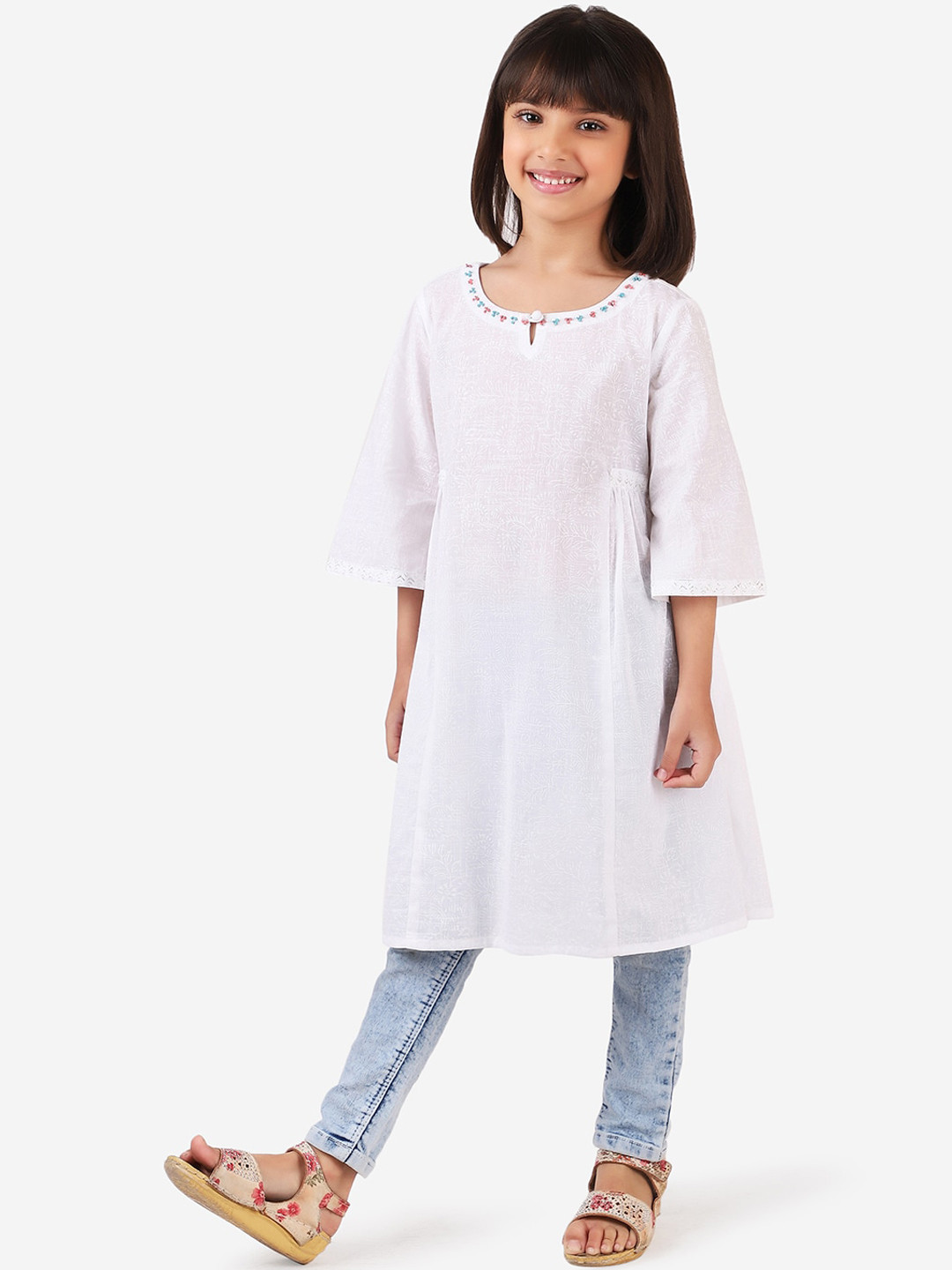 Buy Fabindia Girls White Thread Work Kurta Kurtas for Girls 17298706